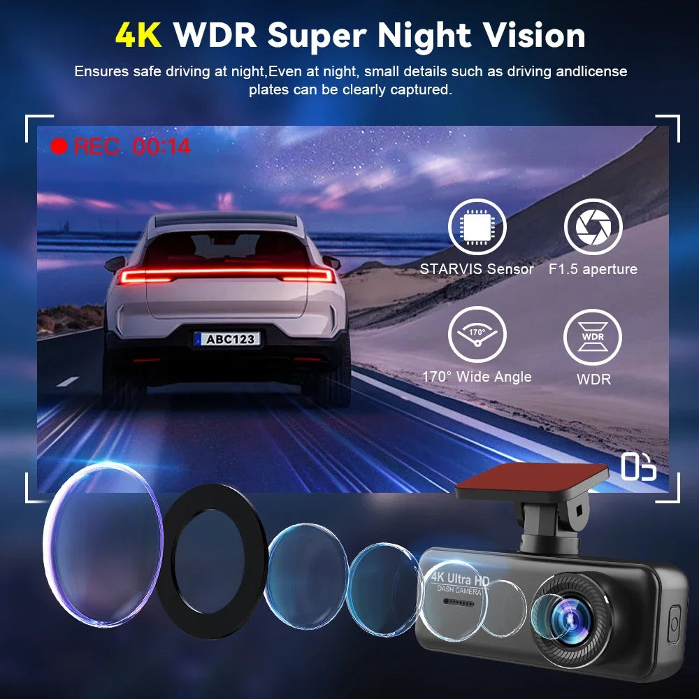 Kocam 4K Dash Cam Front and Rear Dual Channels Dashcam With 24H Parking Monitoring Night Vision DVR Recorder Black Box For Car