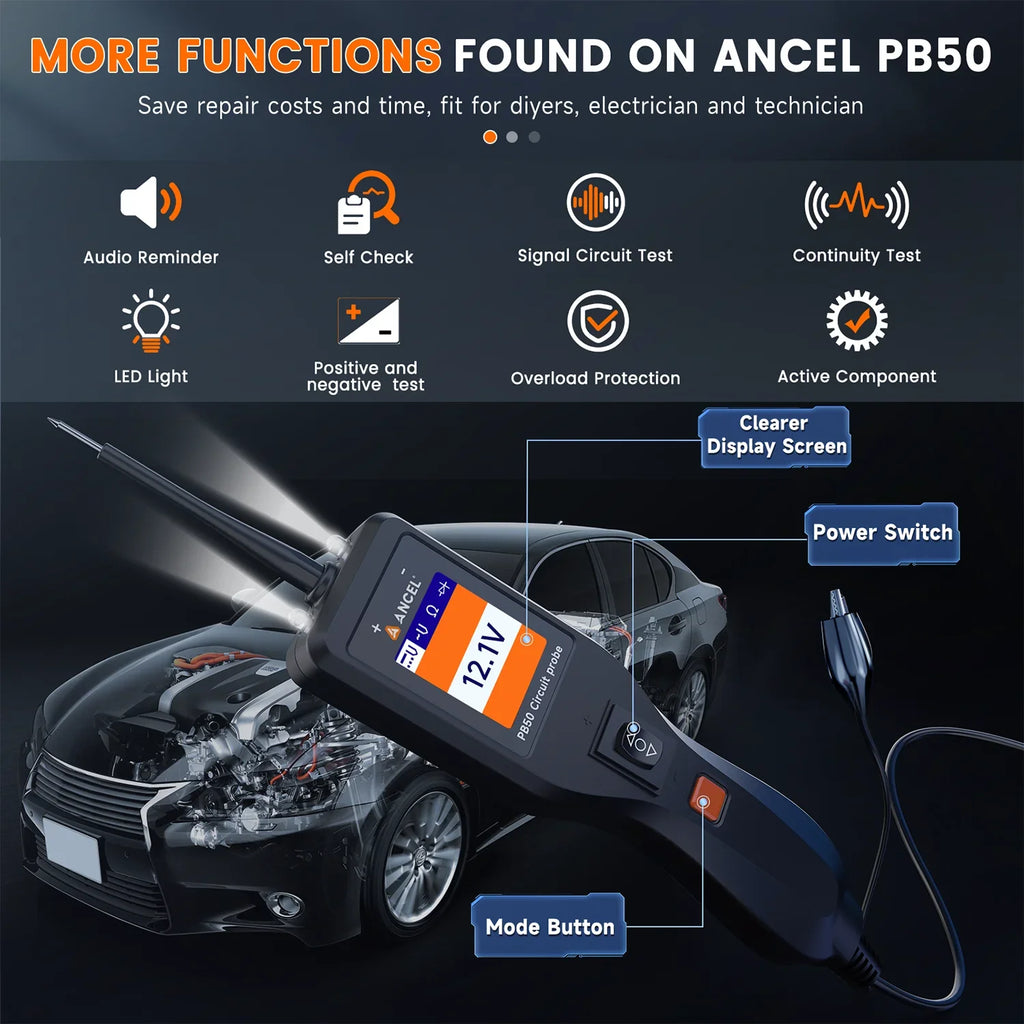 ANCEL PB50 Car Fuse Tester Automotive Power Circuit Probe 12V 24V AC DC Voltage Short Electrical System Diagnostic Inspect Tool