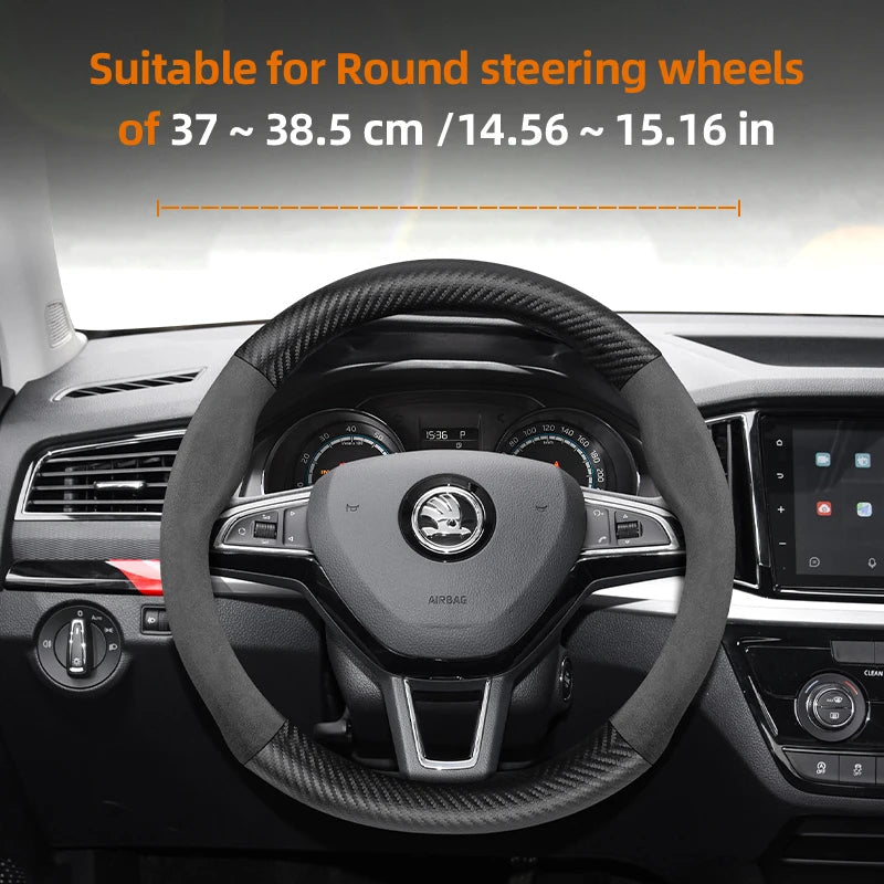 Suitable for Skoda Suede Matte Carbon Fiber Texture Steering Wheel Cover Suitable for Octavia 2 3 A7 1 Superb Roomster A5 Rapid Karoq Yeti Spaceback Fabia Monte Carlo Mk3 Accessories CM World