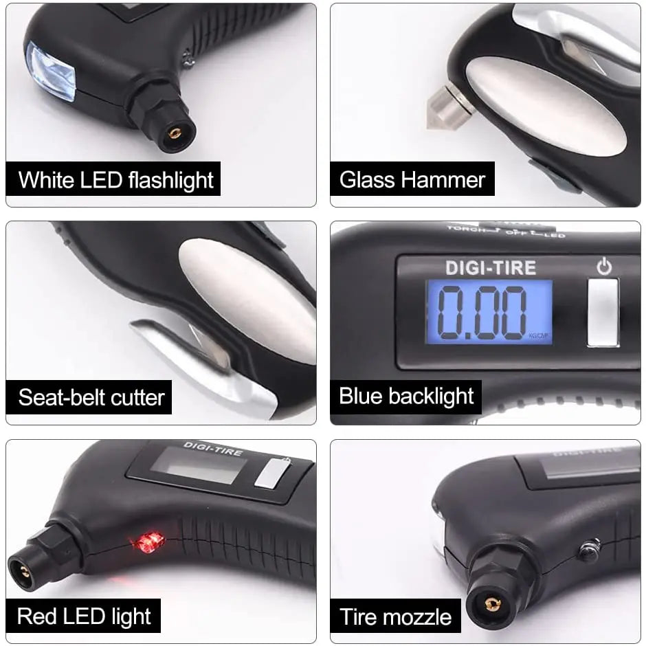 Digital tire pressure gauge, emergency lighting flashlight, car escape hammer, seat belt cutter, multi-functional self-rescue to CM World