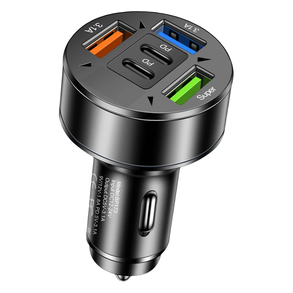 100W 5 Ports Car Charger Fast Charging PD QC3.0 USB C Car Phone Charger Adapter With Voltage 12V-24V Cigarette Lighter for Car Car Mobile World