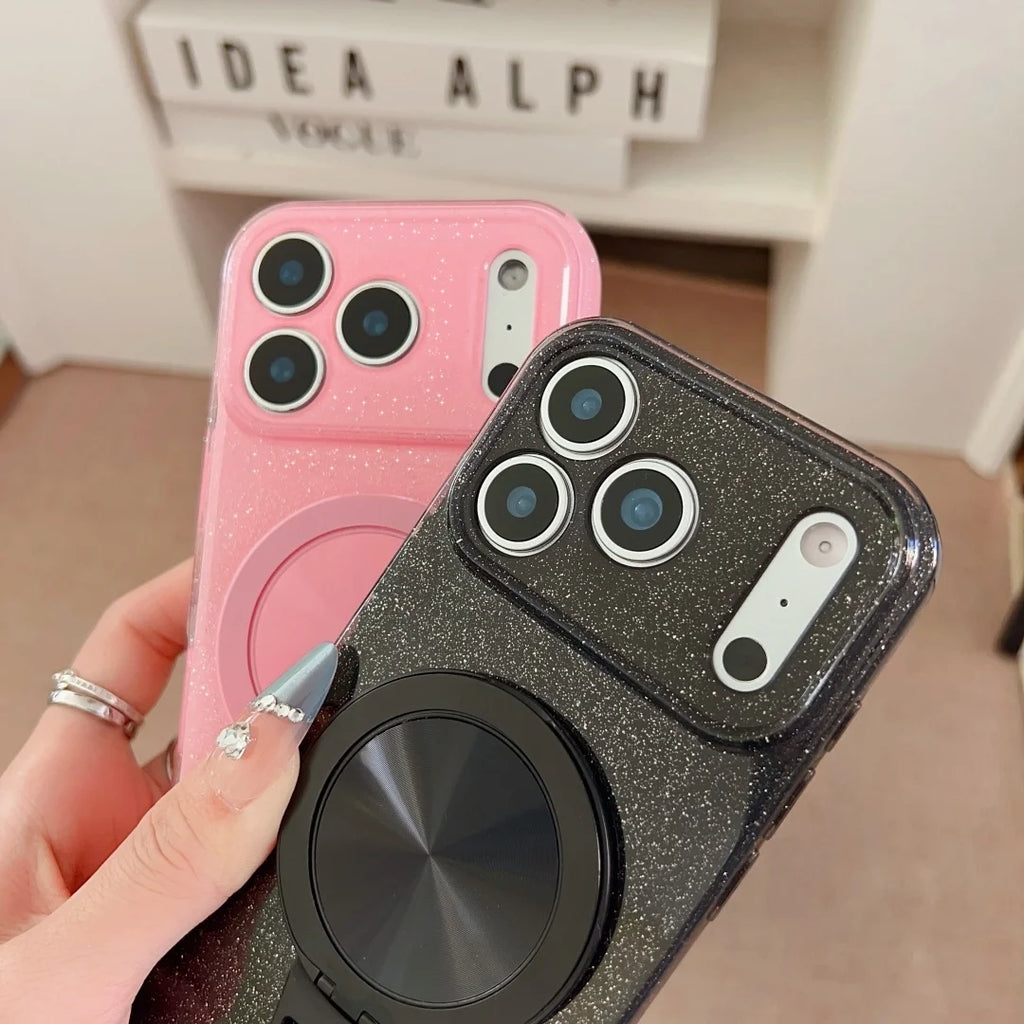 For iPhone 17 Air 16 E 11 14 13 12 XS 15 Pro Max XR SE 7/8 Plus For Magsafe Magnetic Rotating Bracket Hanging Rope Glitter Case