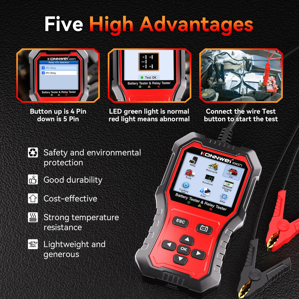 2026 KONNWEI KW371 2in1 Car Battery Tester & 4 Pin 5 Pin Relay Tester 6V 12V 24V Fault Data Print Start Test Charging Scan Tool