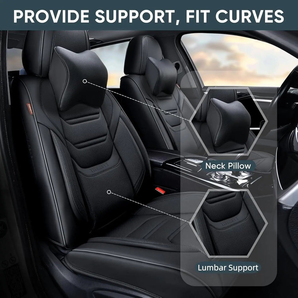 Breathable Leather Car Seat Covers Full Set, Waterproof Front and Rear with Headrest for Most Sedans SUV Trucks CM World