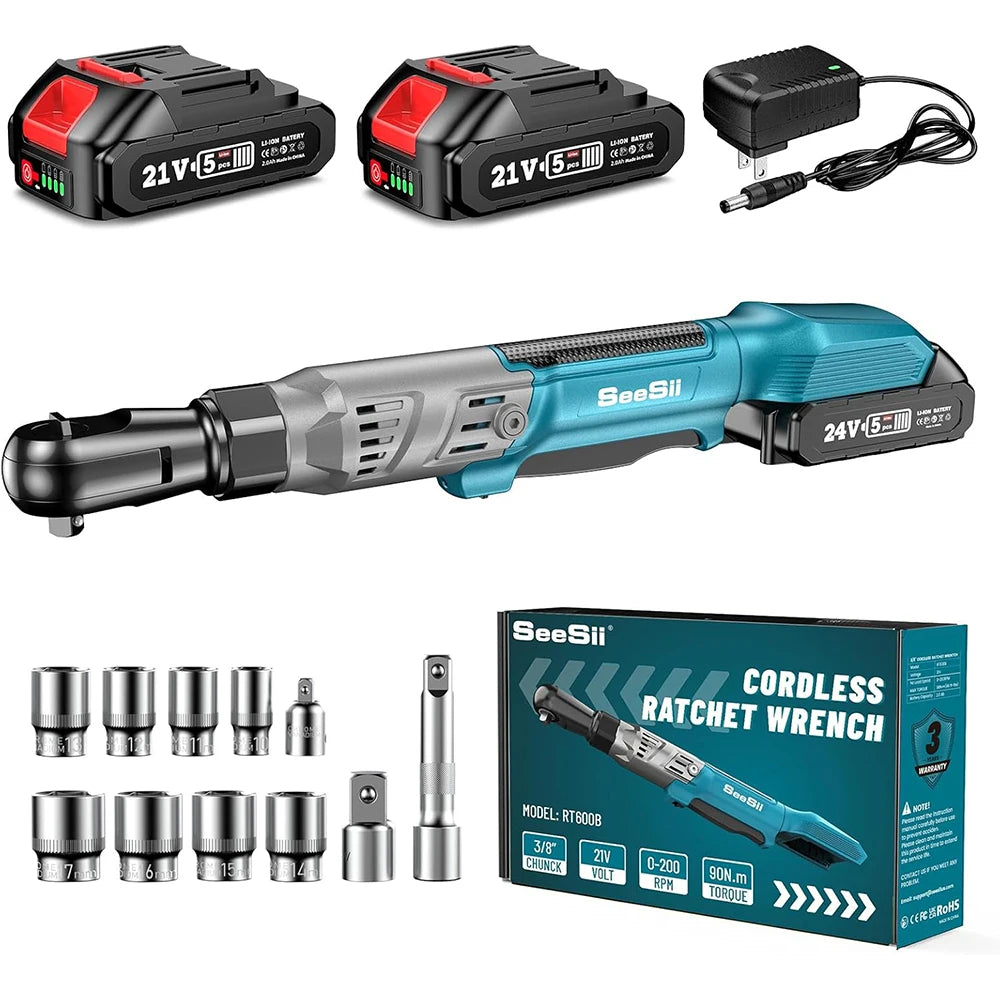 SEESII 3/8' 90Nm Cordless Electric Wrench Cordless Ratchet Wrench with 21V 2pcs Li-Battery Car Repair Tool Set Angle Wrench