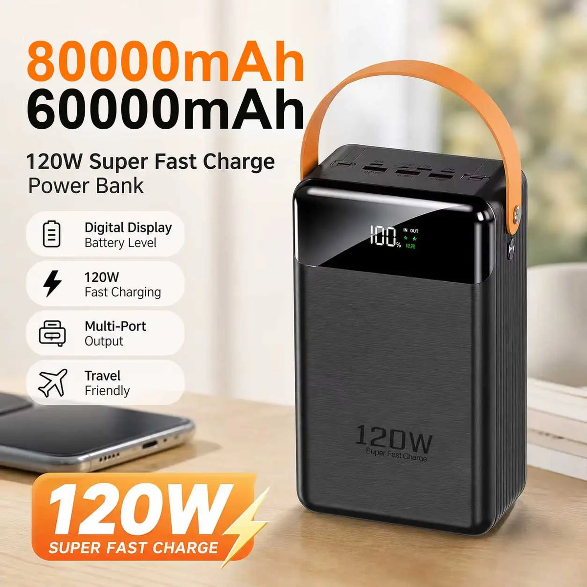 Portable Charger Power Bank with Built-in Dual Cables 60000mAh 80000mAh 120W External Battery for Travel Use