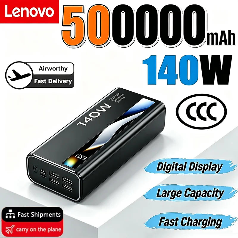 Lenovo Ultra Capacity 500000mAh 140W Super Fast Charging CCC LED Digital Display Portable Battery Charger Powerbank