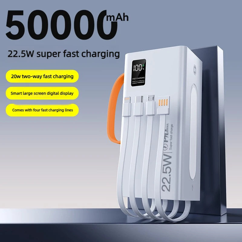 50000mAh Power Bank 22.5W Fast Charging Portable Charger Built-in Cable External Battery Pack PD USB C LED Display Powerbank