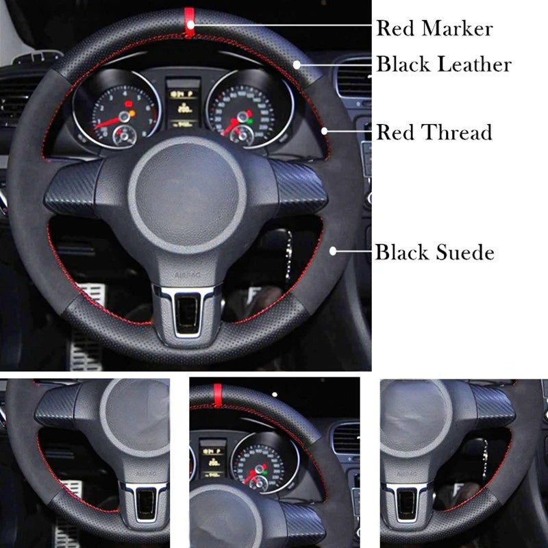 DIY Black Genuine Leather Suede Car Steering Wheel Cover for Volkswagen Golf 6 Mk6 VW Polo Jetta MK5 Sagitar Bora Santana CM World