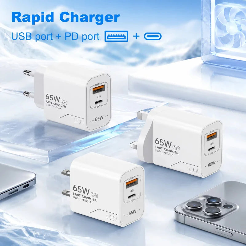Lenovo 65W GaN USB C Charger 2-Port Fast Charging Phone Charger Power Adapter For iPhone Samsung Type C EU/US Plug Wall Charger
