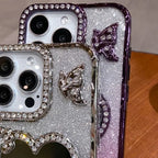 Heart Make up Mirror Case For iPhone 16 Pro Max 15 Plus Plating Butterfly Cover For iPhone 14 Pro 13 12 17 Glitter Diamond Case