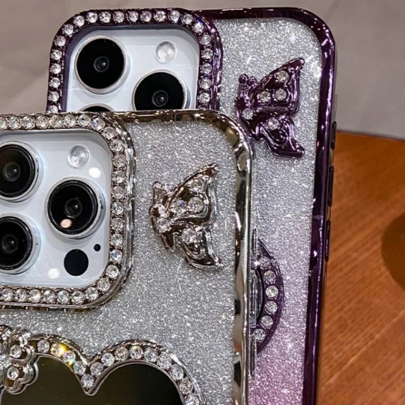 Heart Make up Mirror Case For iPhone 16 Pro Max 15 Plus Plating Butterfly Cover For iPhone 14 Pro 13 12 17 Glitter Diamond Case