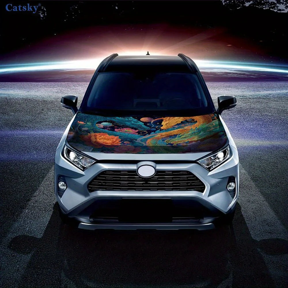 Magical Dragons and Flowers Car Vinyl Wrap, PVC Waterproof Car Hood Sticker, Self-Adhesive Scratch-Resistant Stickers for Engine
