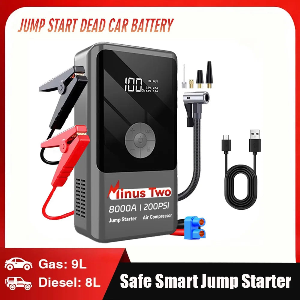 Car Jump Starter 8000A Power Bank 200PSI Pump Air Compressor Emergency Battery Booster Power Bank Start