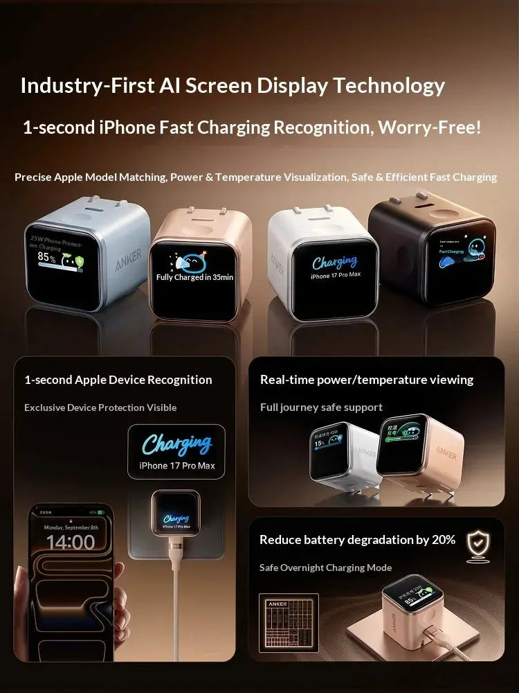 Anker Nano 45w Gan Fast Charger With Ai Display Smart Compatible For Phone 17 Pro Max 16 Pro 15 14 Portable Wall Charger Car Mobile World