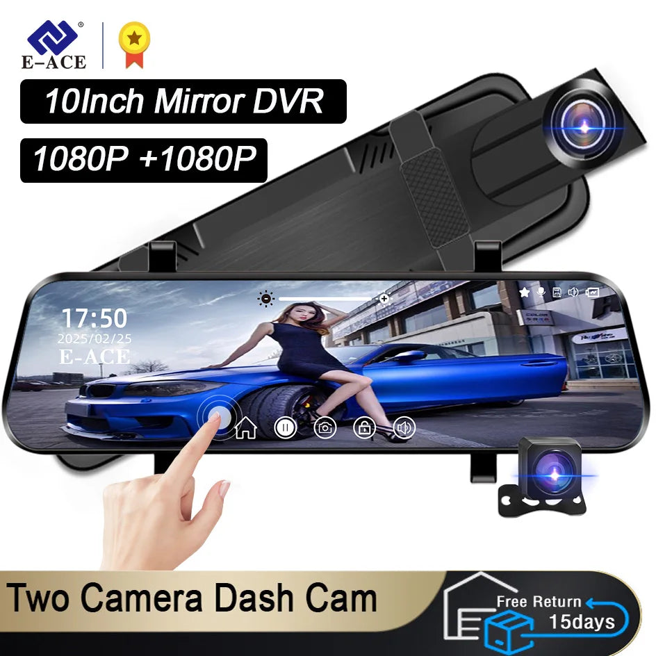 10 Inch Car DVR Car Touch Screen Video Recorder Dual 1080P Rearview Mirror Front and Rear HD Night Vision Camera Mirror