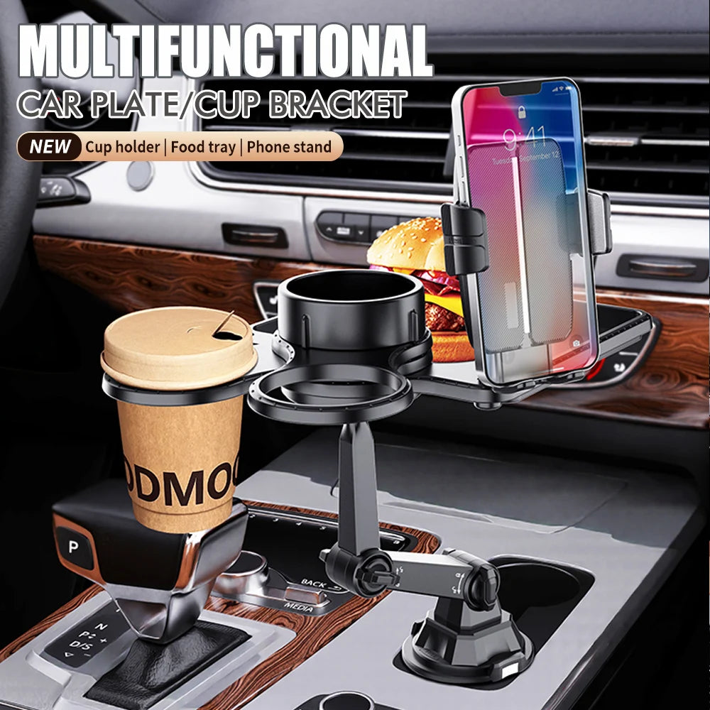 Car Dual Cup Holder Expander With Tray Phone Holder 360 Adjustable Table Slot Food Organized Tray Portable Drink Stand CM World