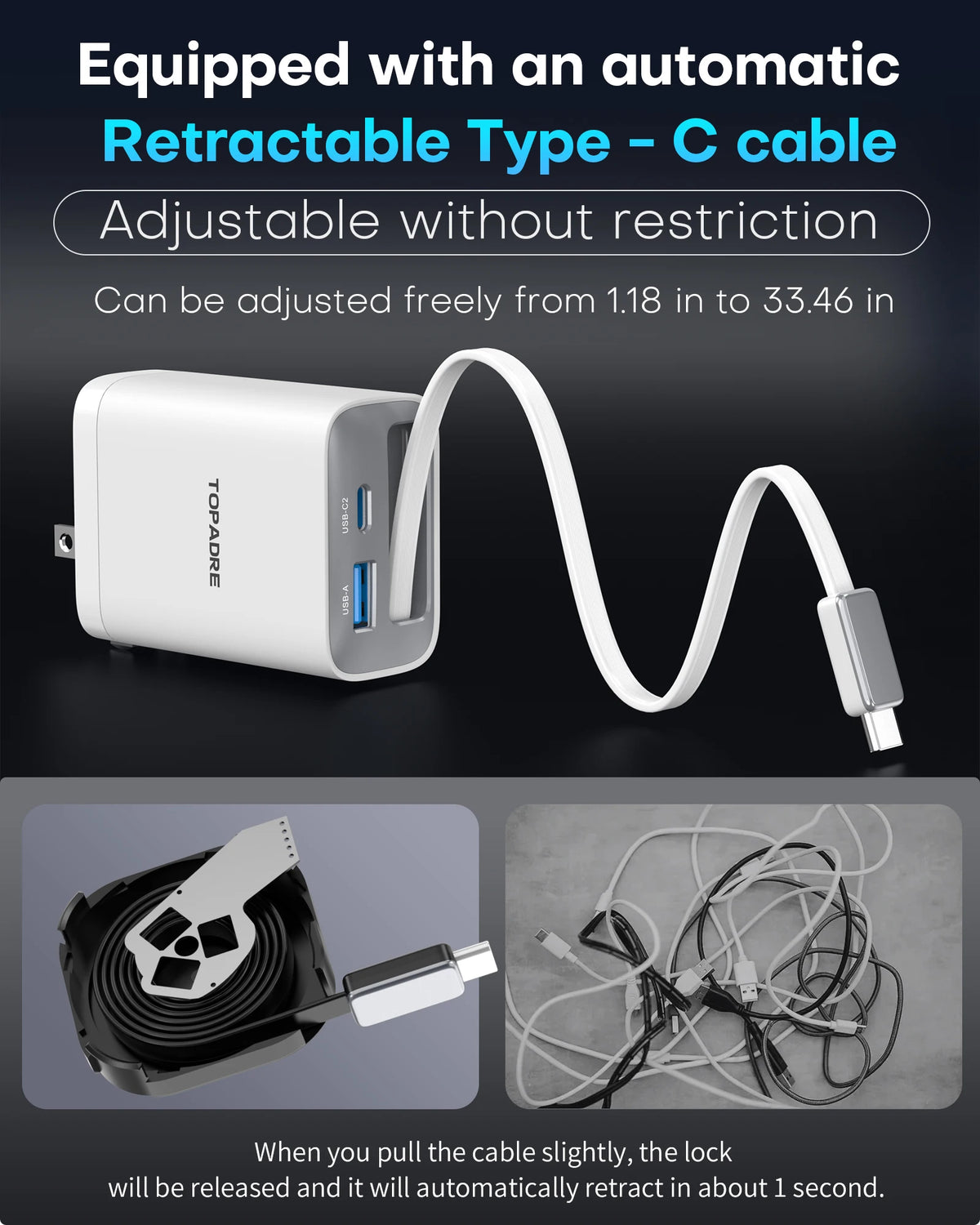 EU plug 65W GaN PD3.1 Fast Charger With Retractable Cable , 3-Port Type-C + USB-A Travel Adapter For IPhone , Laptops, Galaxy