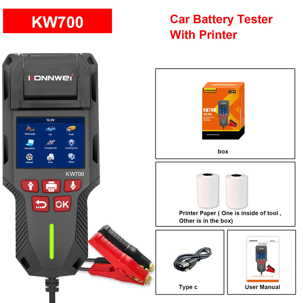 2026 KONNWEI KW700 12V 24V Car Battery Tester 10-2000CCA Battery Test SOH SOC Ripple Analysis Built-in Printer Car Battery Tool