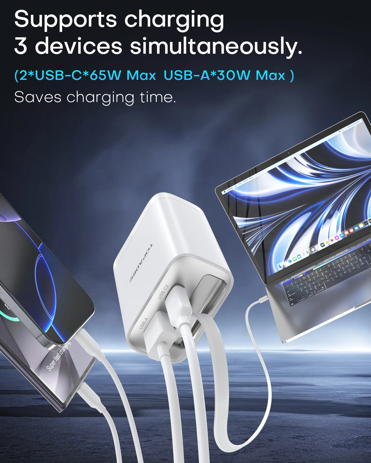 EU plug 65W GaN PD3.1 Fast Charger With Retractable Cable , 3-Port Type-C + USB-A Travel Adapter For IPhone , Laptops, Galaxy
