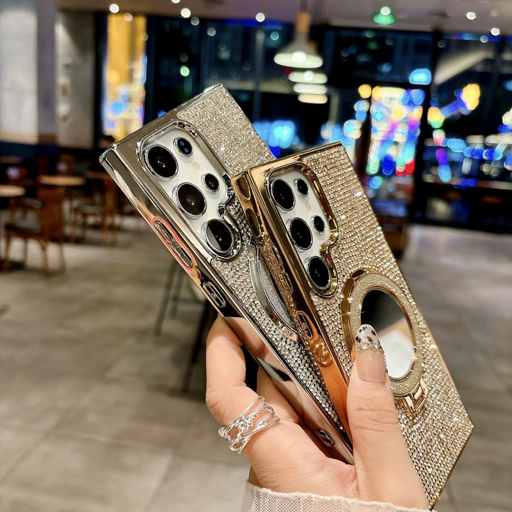 Glitter Stand Mirror Magnetic Cover For Samsung Galaxy S26 S25 Plus S22 S23 S24 Ultra Plating Folding Bracket Diamond Phone Case