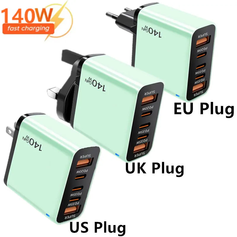 4-in-1 Type C Cable USB C PD Fast Charger 5 Ports Quick Charge Phone Adapter For iPhone Samsung Xiaomi Huawei OPPO Wall Charger
