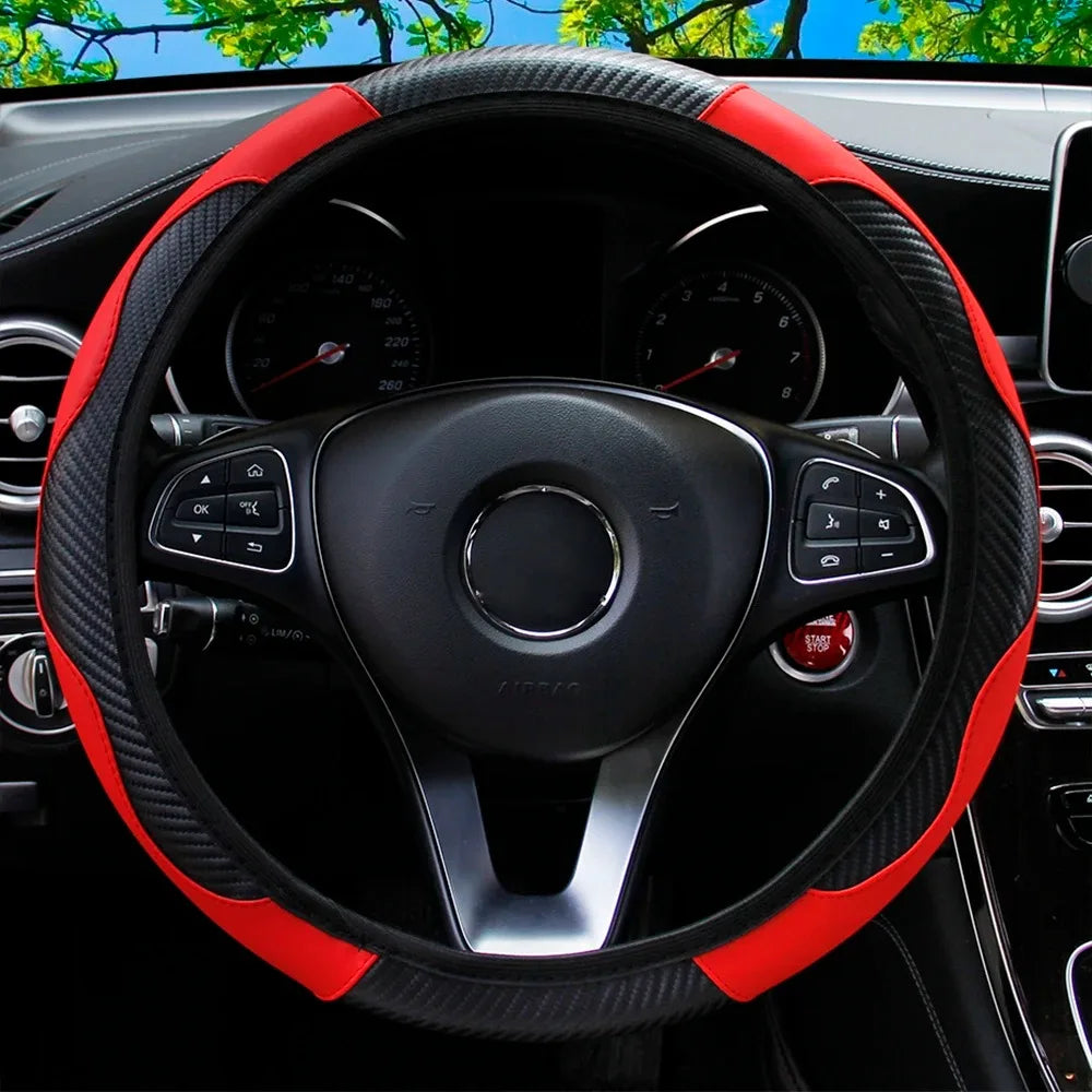PU Carbon Fiber Leather Car Steering Wheel Cover Without Inner Ring Suitable 14.5-15 Inches for Most Vehicles Sedan SUV Truck