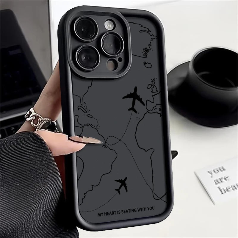 Airplane Route Patterned TPU Phone Case For iPhone 17e 18 17 Pro Max 16e 16 15 14 13 Pro Max Shockproof Soft Silicone Back Cover