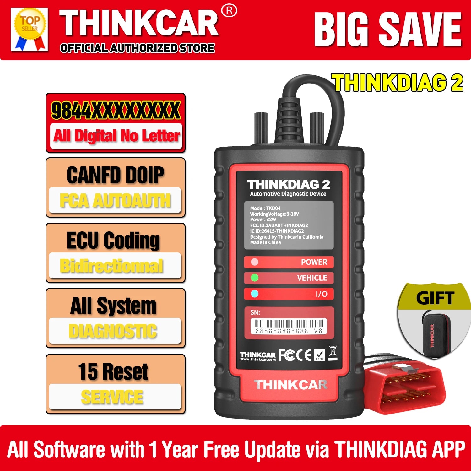 ThinkDiag 2 ALL software 1 Year Free Update Auto Diagnostic tool support CAN FD ECU Coding Bidirectionnal 16 reset OBD2 Scanner Car Mobile World
