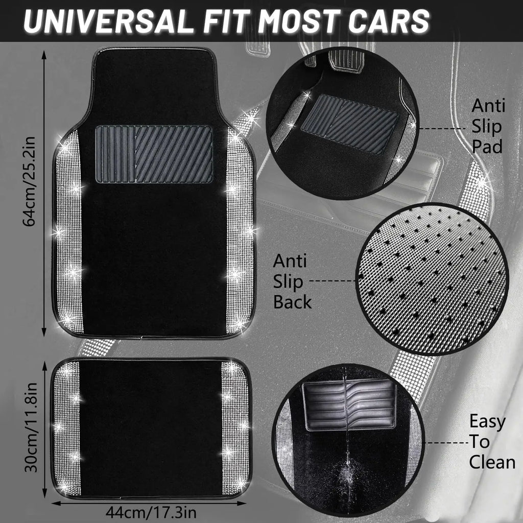 Bling Car Floor Mats Full Set, Universal Fit Most Cars,SUV, 4 pcs Sparkle Glitter Diamond Carpet for Women with Anti-Slip Pad