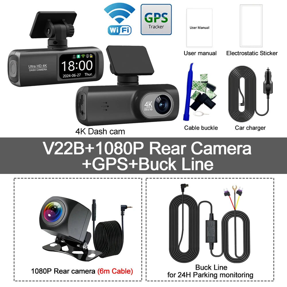 UHD 4K WiFi Dash Cam Dual Lens Driving Recorder Car DVR Optional 1080P Rear Lens Camera GPS 24H Parking Monitoring Black Box Car Mobile World