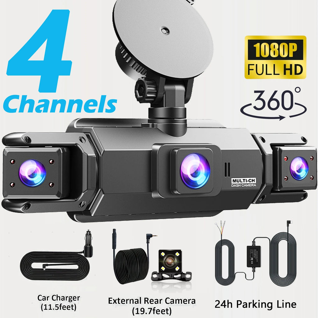 360° Car Dash Cam 4 Channel Black Box WiFi Driving Camera FHD 1080P Front Left Right Rear Night Vision Loop Recording Dashcam Car Mobile World