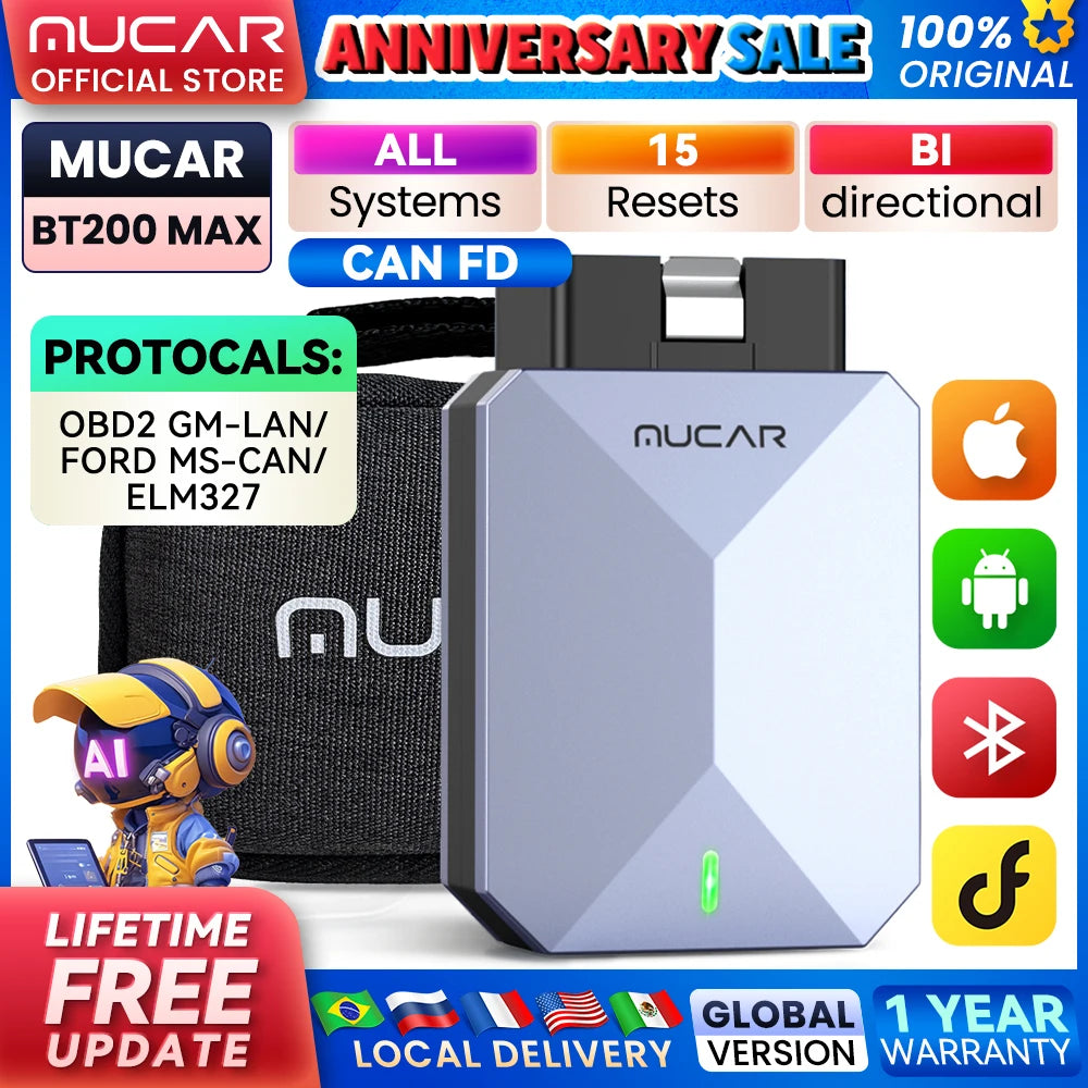 MUCAR BT200 MAX AI OBD2 Scanner CAN FD Car Diagnostic Tool Full System Scan Tool Bi-Directional Control ELM327 Automotive Tools Car Mobile World