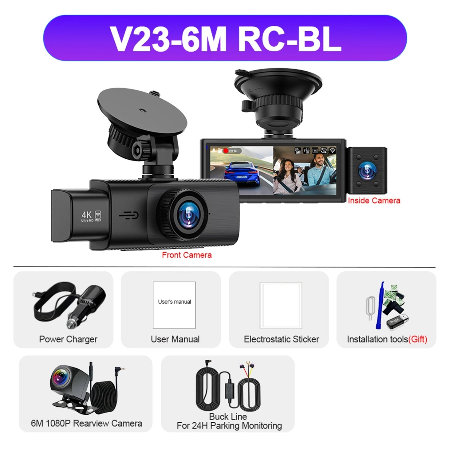 3 Channel WiFi 4K Dash Cam Front and Inside DashCam 1080P Rear Camera Night Vision 24H Parking Car DVR Black Box Support GPS Car Mobile World