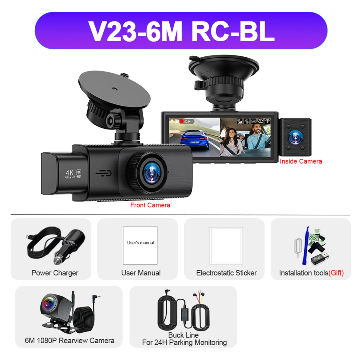 3 Channel WiFi 4K Dash Cam Front and Inside DashCam 1080P Rear Camera Night Vision 24H Parking Car DVR Black Box Support GPS