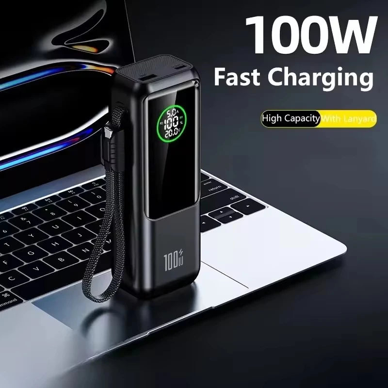 【CCC】100W Super Fast Charging Power Bank with Built-in Cable High Capacity Portable Charger for Laptops Mobile Phones Tablets