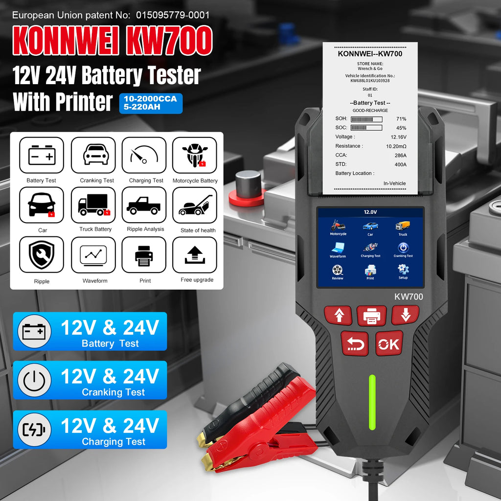 KONNWEI KW700 Car & Truck Battery Tester with Print Function 12V 24V Battery Analyzer Cranking Test Charging Test 10-2000CCA