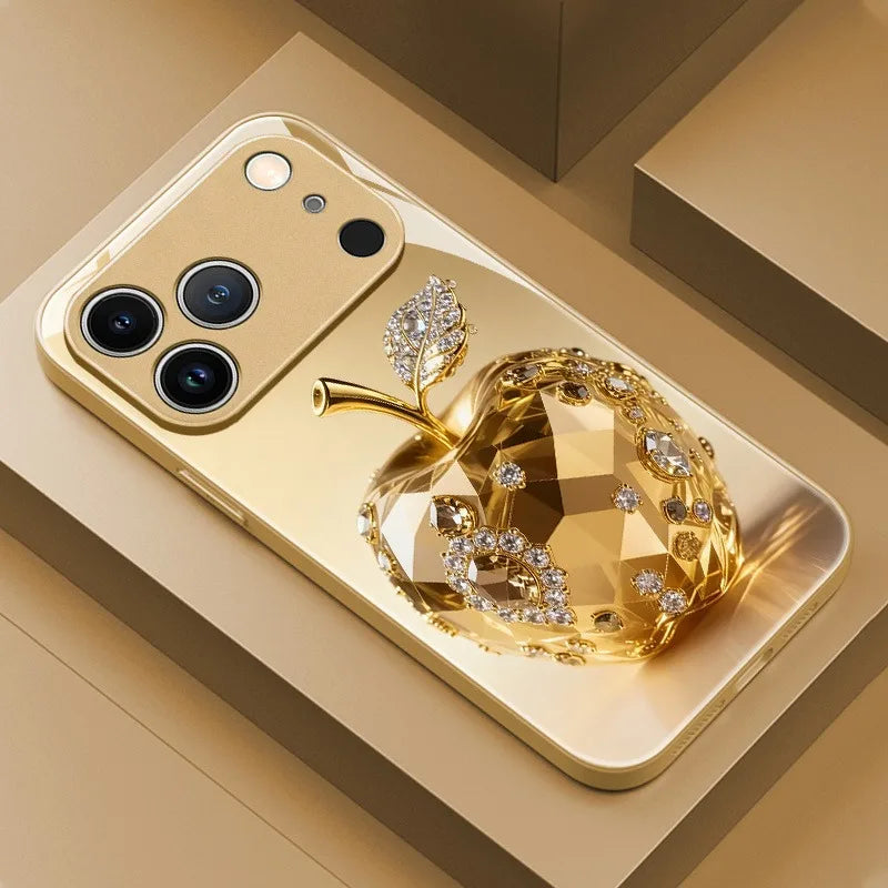 Luxury Jewel For Apple Pattern Gold Metallic Paint Glass Phone Case For iPhone 17 16 15 14 13 12 11 Pro Max Plus 17Air 16E Cover
