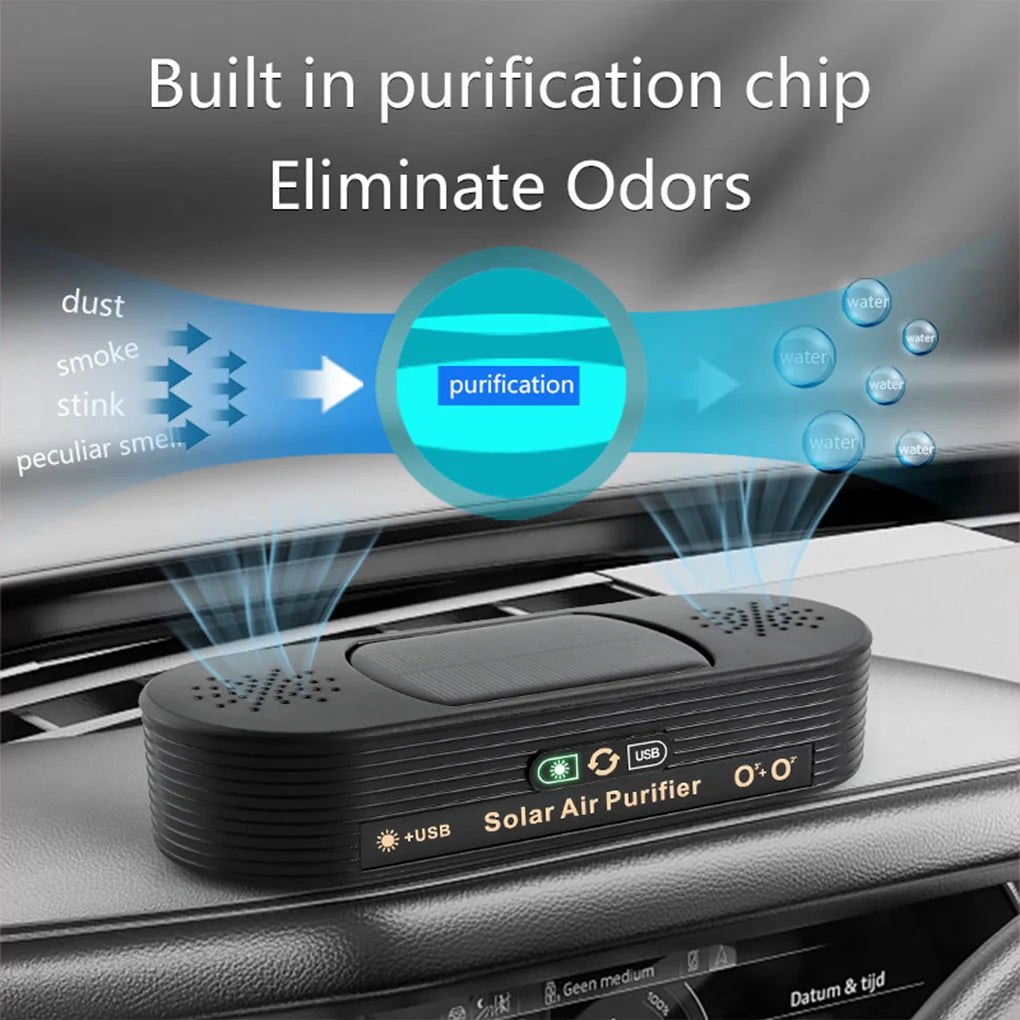 Solar USB Car Air Purifier Auto-Switch Power Safe Ozone Ion Tech Dual-mode Vehicle-mounted Ion Active Oxygen Dual-core Purifier CM World