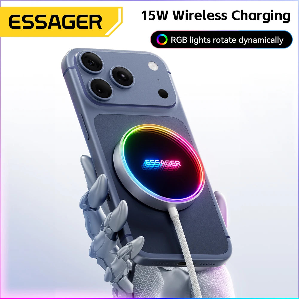 ESSAGER Magnetic Wireless Charger, RGB Fast Charging, Phone Charger for iPhone17 16, 15, 14, 13 Pro, Macsafe Phone Charging Dock