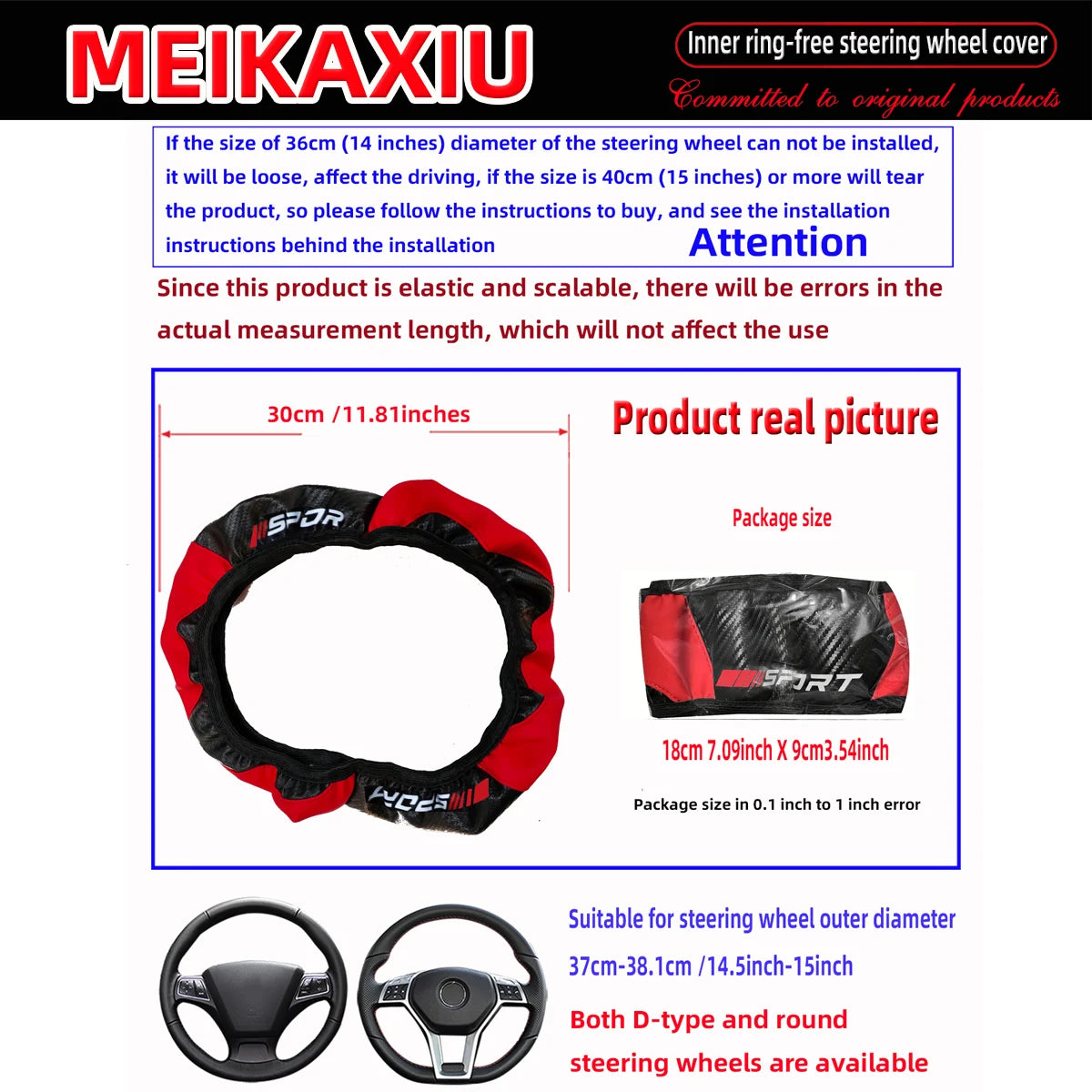 Red Carbon Fiber Stretchable Sports Style Steering Wheel Cover Car Interior Accessory for Women Free SPORRT Car Inner Tube