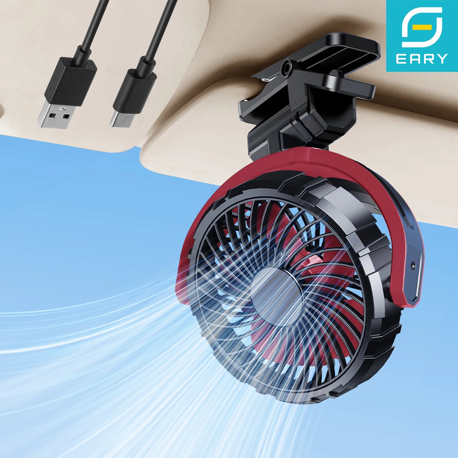 Eary Battery Powered Car Fan 2000mAh Clip On Fan for Car Visor Quiet 360° Rotate Usb Rechargeable for SUV Van Truck Accessories CM World