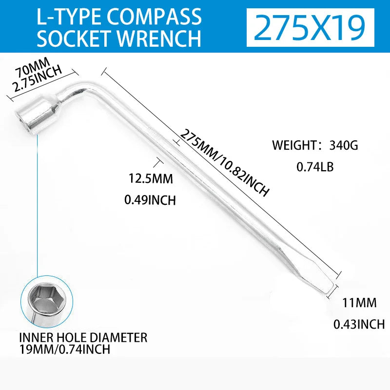 Car Spare Tire Lug Wrench - L type Hexagonal Head 17/19/21mm Slotted End Socket Repair Tool, Standard Tire Wrench CM World