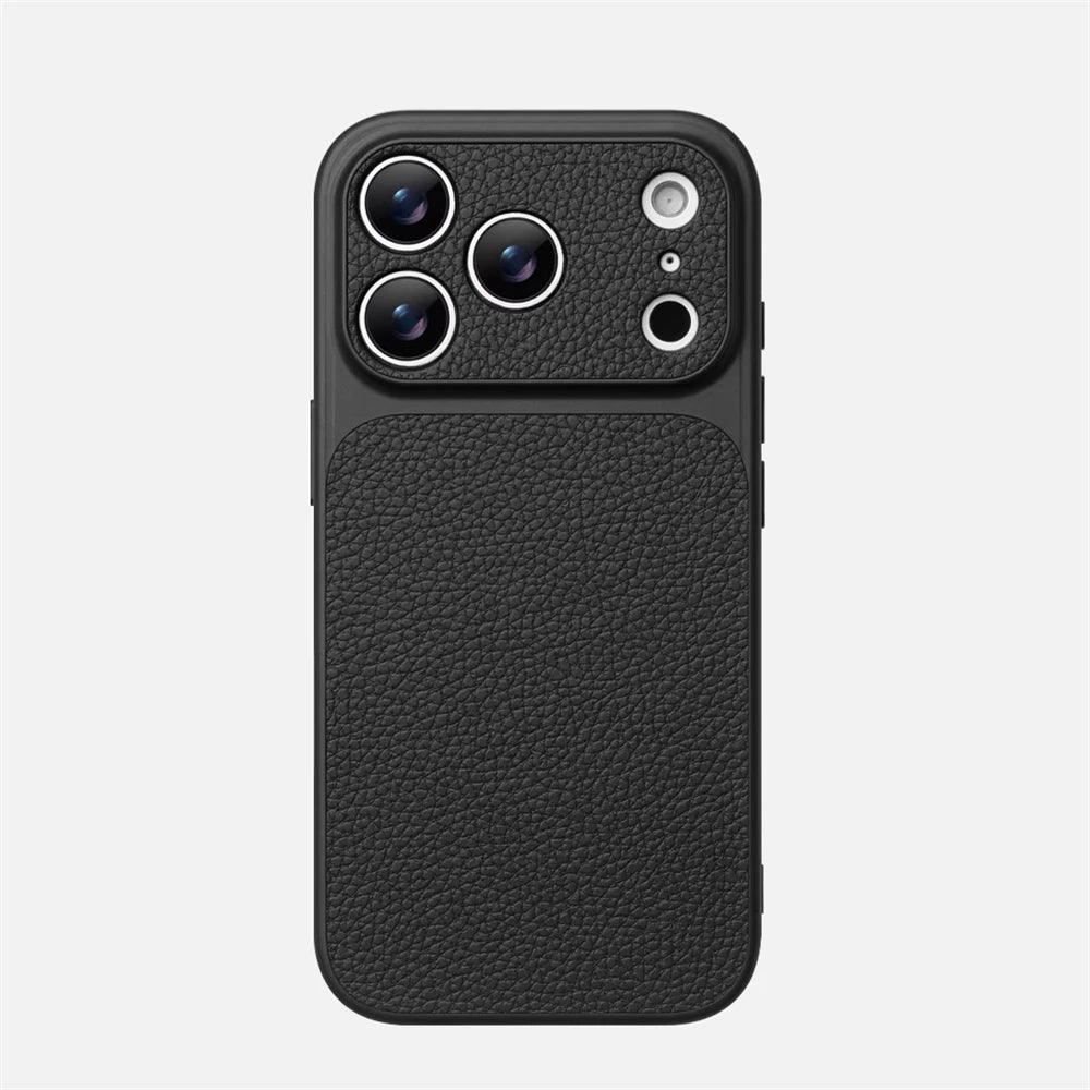 Luxury Lychee Texture Leather Matte Hard Case For iPhone 17 Pro Max 16 15 14 13 12 ProMax Full Lens Protection Back Cover Shell Car Mobile World