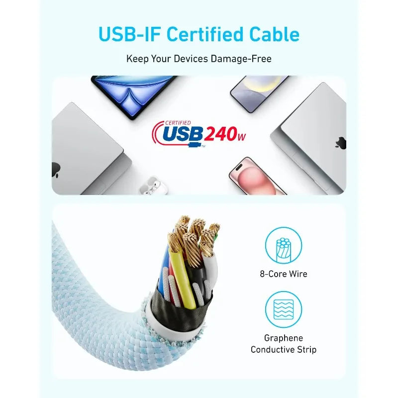Anker Zolo 240W Anti-Dust Woven USB-C Cable Fast Charging Data Transfer Wire for iPhone MacBook Huawei Android Phones Laptops
