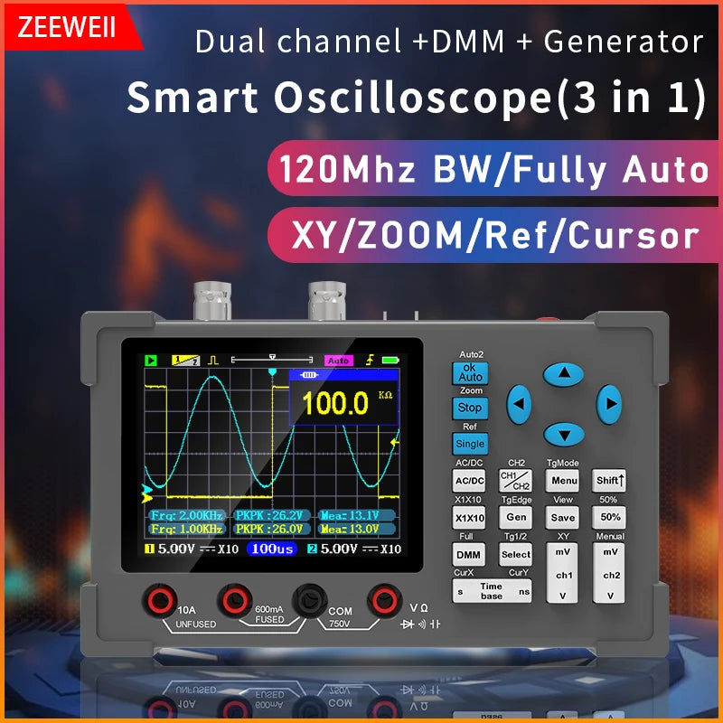 ZEEWEII DSO3D12 3.2 Inch Desktop Digital Oscilloscope 120M Bandwidth Dual Channel Multimeter and Signal generator 3 in 1 CM World