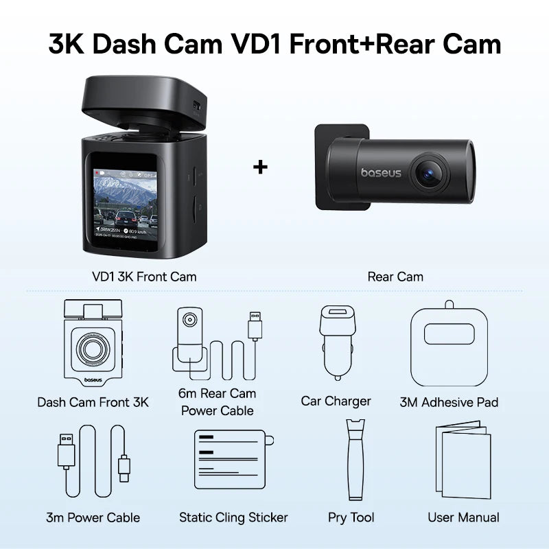 Baseus 3K Dash Cam VD1 Front and Rear Cam HD Built-in GPS Galileo Supercapacitor Car DVR Car Camera Recorder Support 24H Parking Car Mobile World