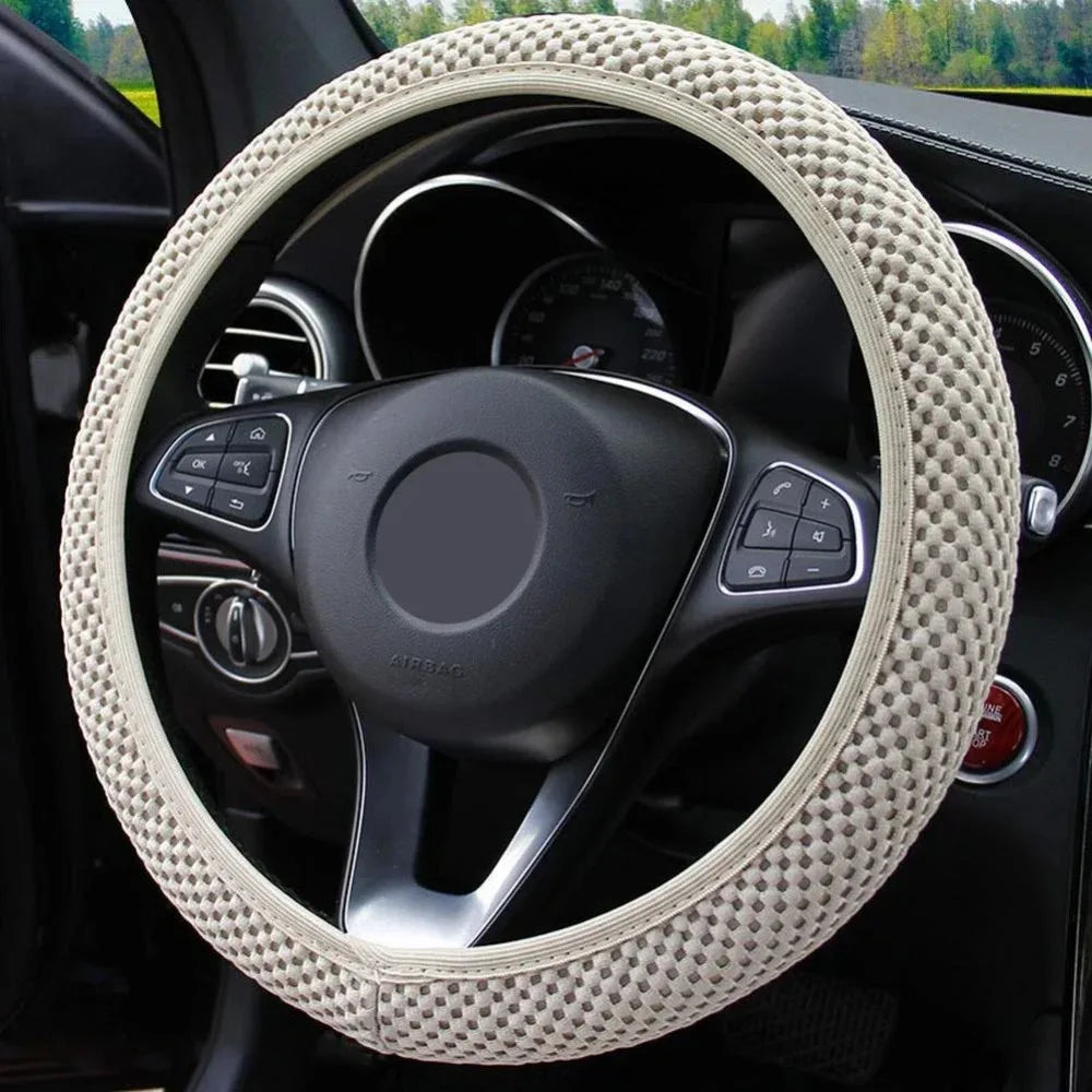 Universal 38cm car steering wheel cover with anti slip and sweat absorbing ring, elastic grip for easy installation and removal