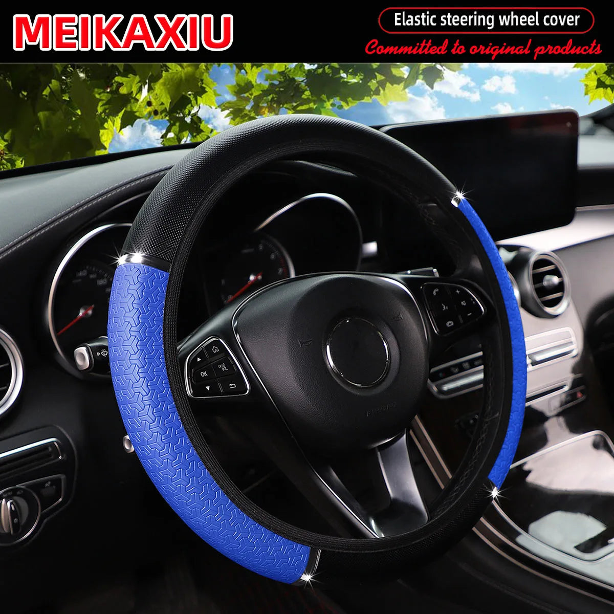 PU Leather Snowflake Steering Wheel Cover with Metal Strip 14.5-15 Inch Car Interior Accessory Rimless