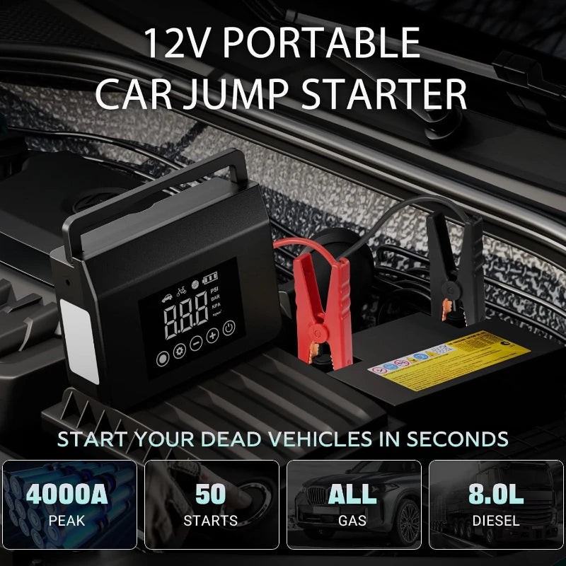 Hieha Portable Car Jump Starter 4000A 12V Portable Car Battery Charger, 150PSI Tire Inflator, 15000mAh Power Bank With LED Light